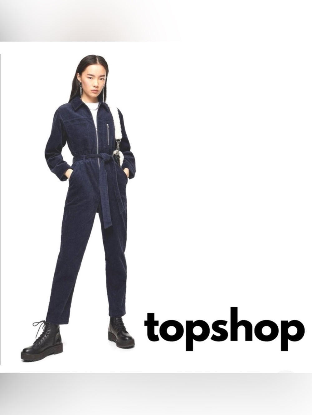 Topshop Corduroy Boilersuit Jumpsuit Navy Utility Long Sleeve Size 8